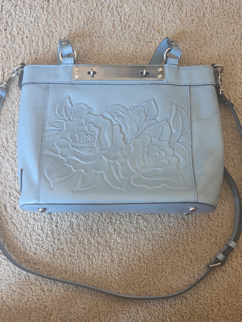 Patricia Nash Light Blue Floral Embossed Leather Shoulder Bag